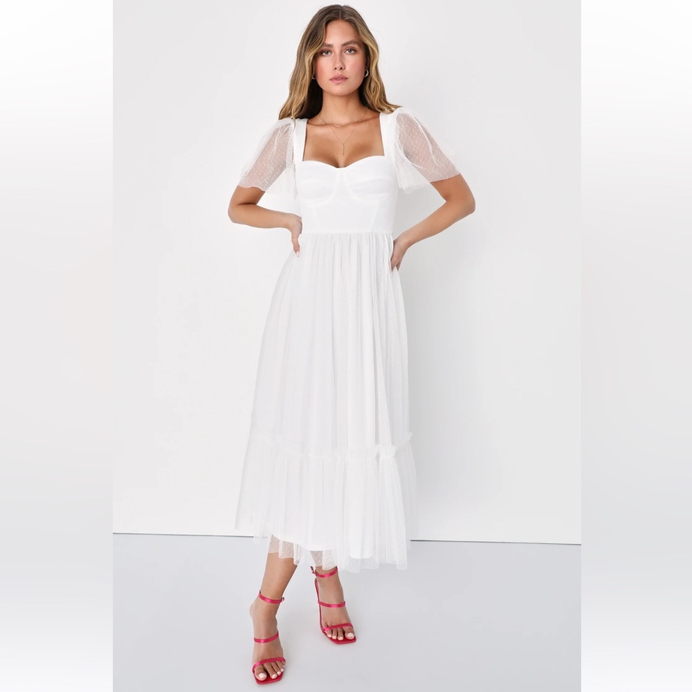 Lulus Dreamy Celebration White Tulle Bustier Swiss Dot Midi Dress